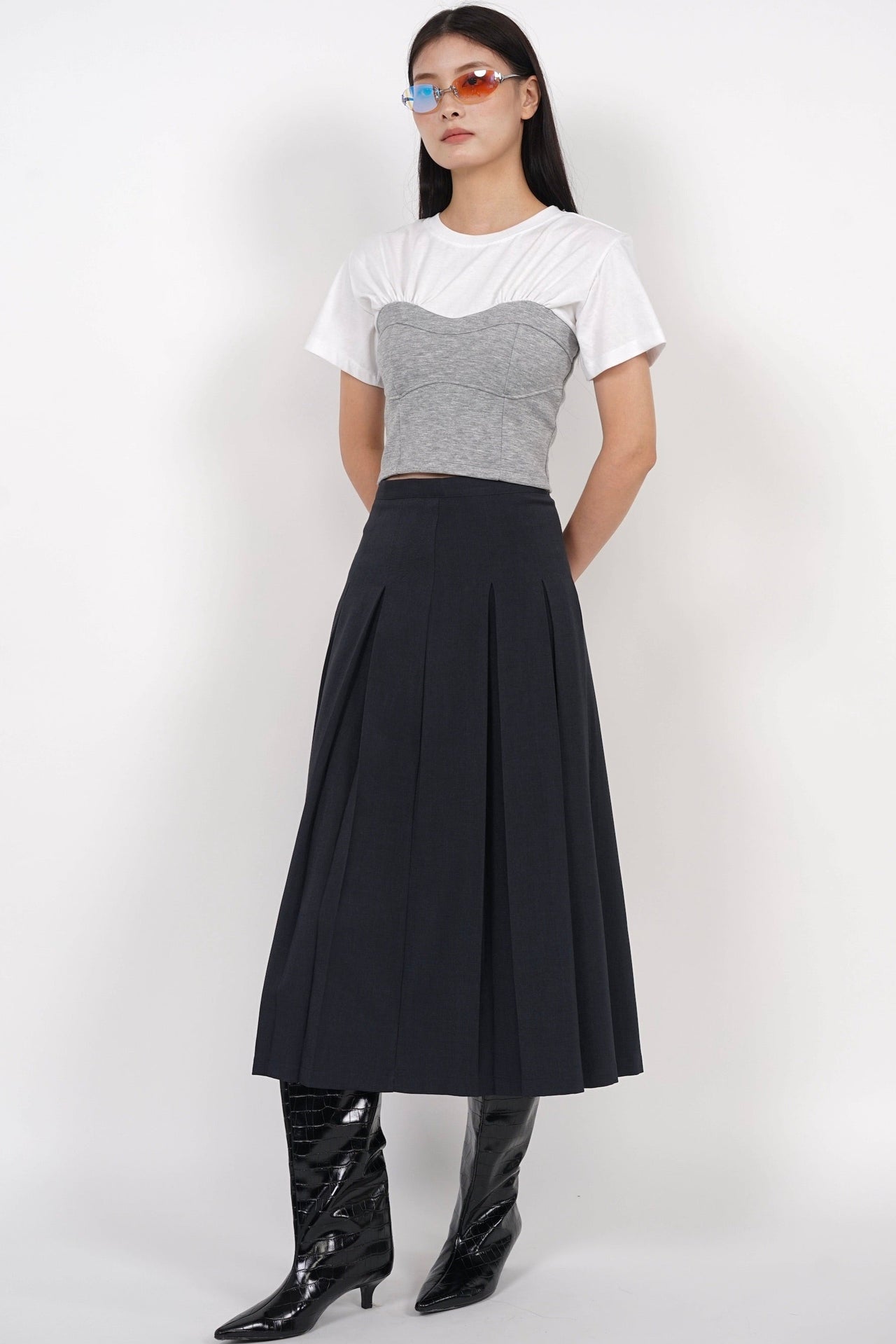 Box Pleated Skirt in Midnight Grey