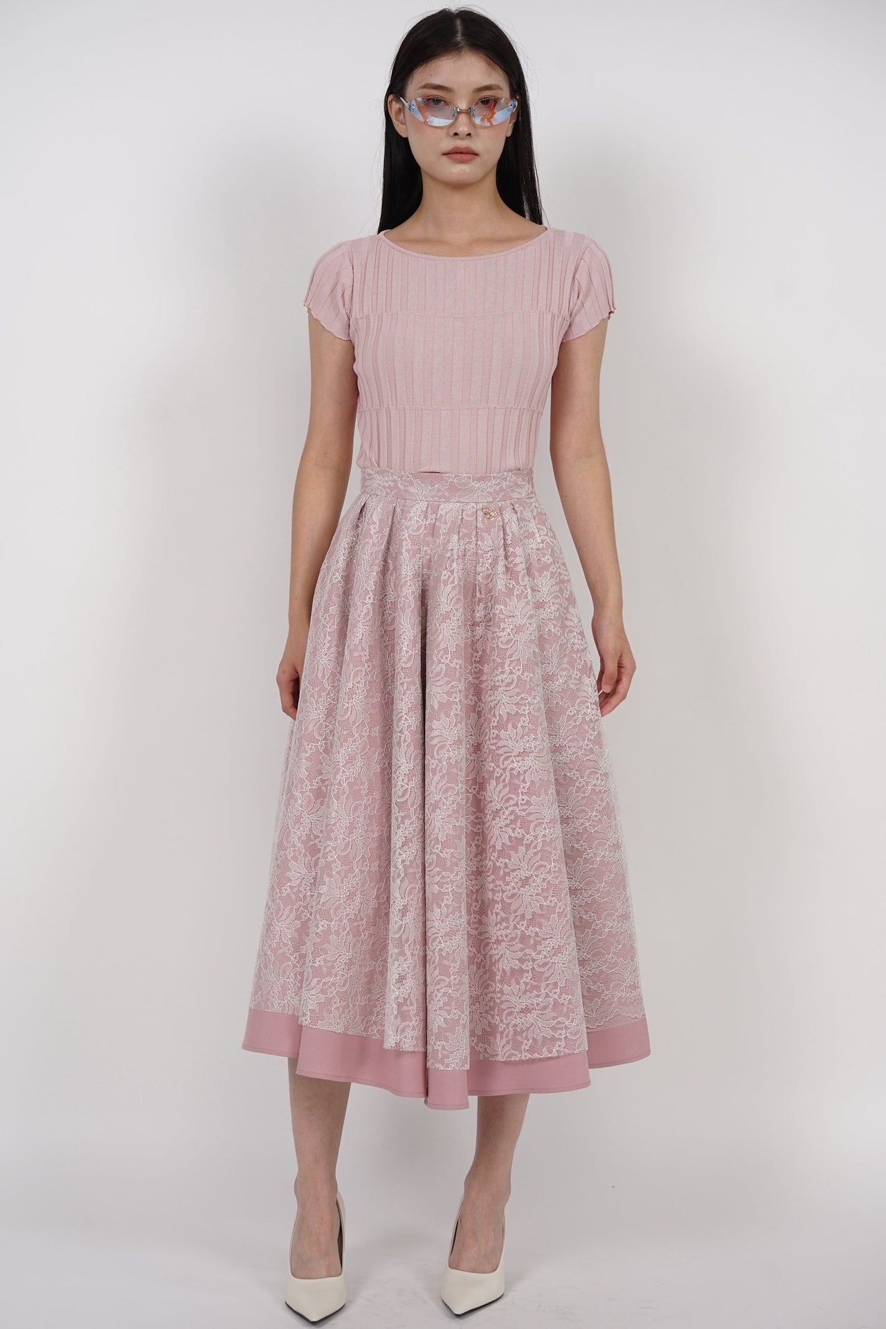 Flare Lace Circle Skirt in Pink