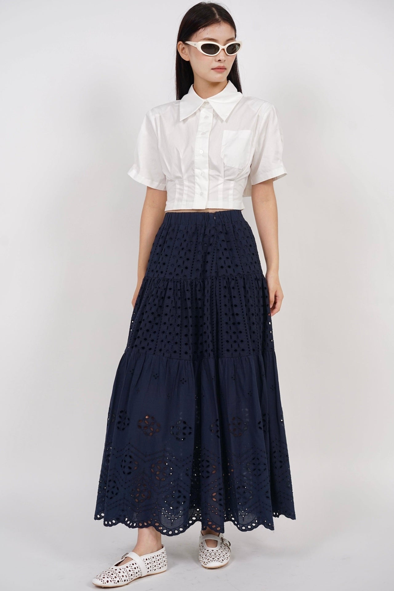 Eyelet Tiered Skirt in Midnight