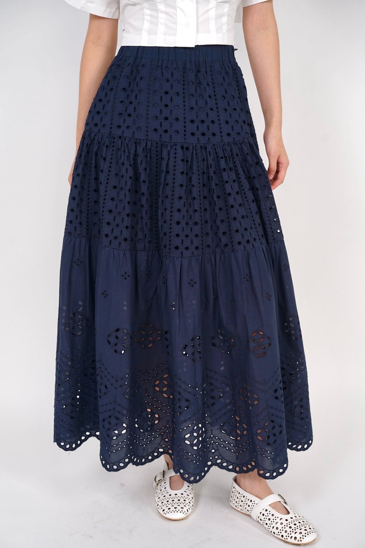 Eyelet Tiered Skirt in Midnight