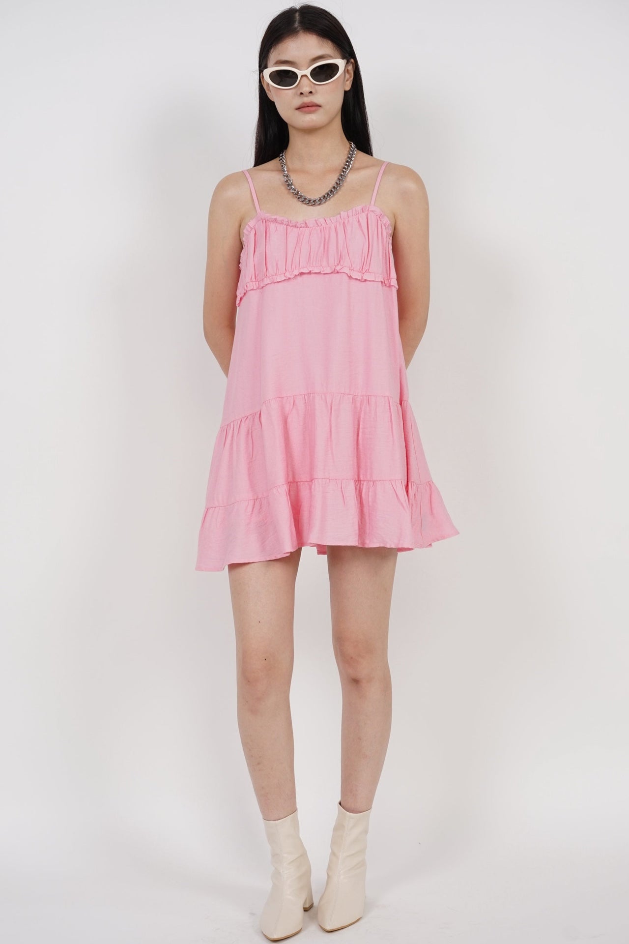 Ruched Gathered Flare Dress in Pink