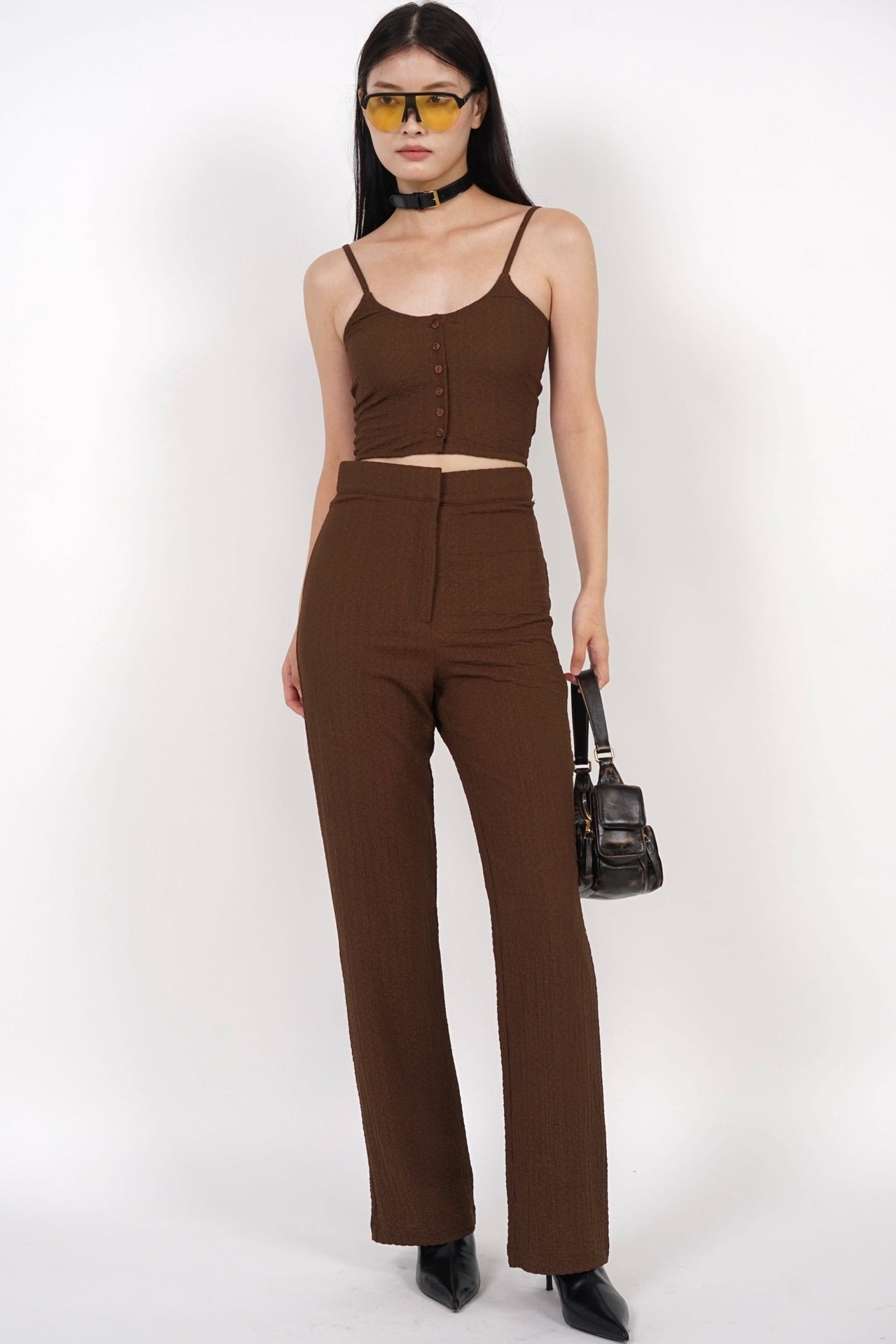 Textured Flared Hem Pants in Mocha