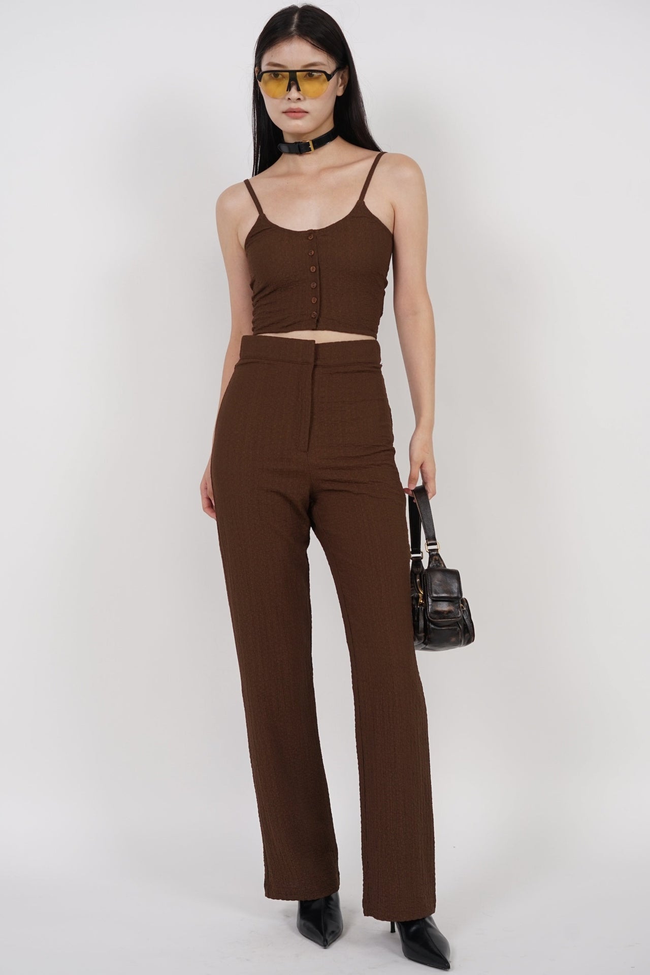 Textured Flared Hem Pants in Mocha