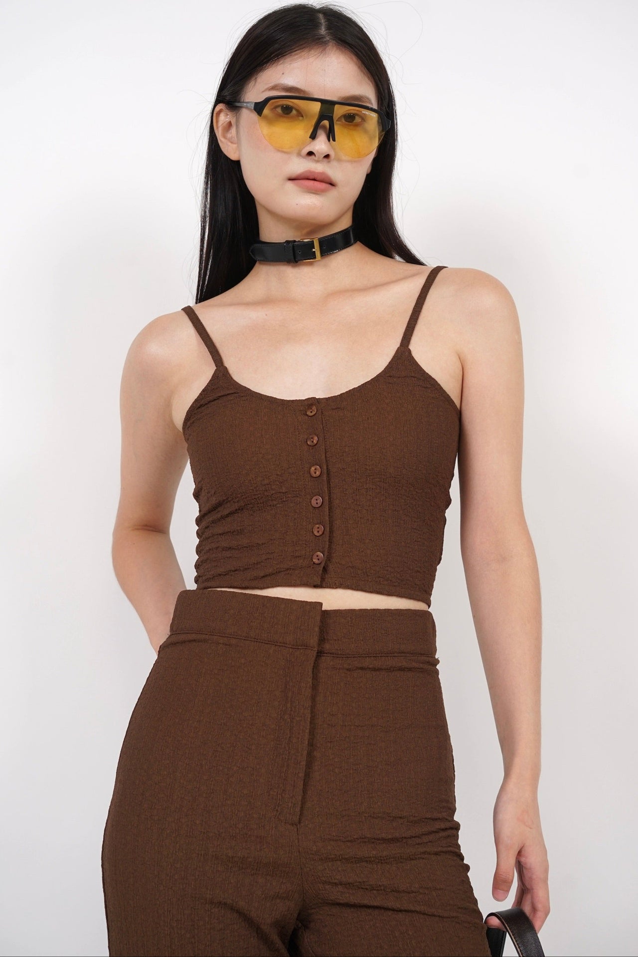 Textured Cami Button Crop Top in Mocha