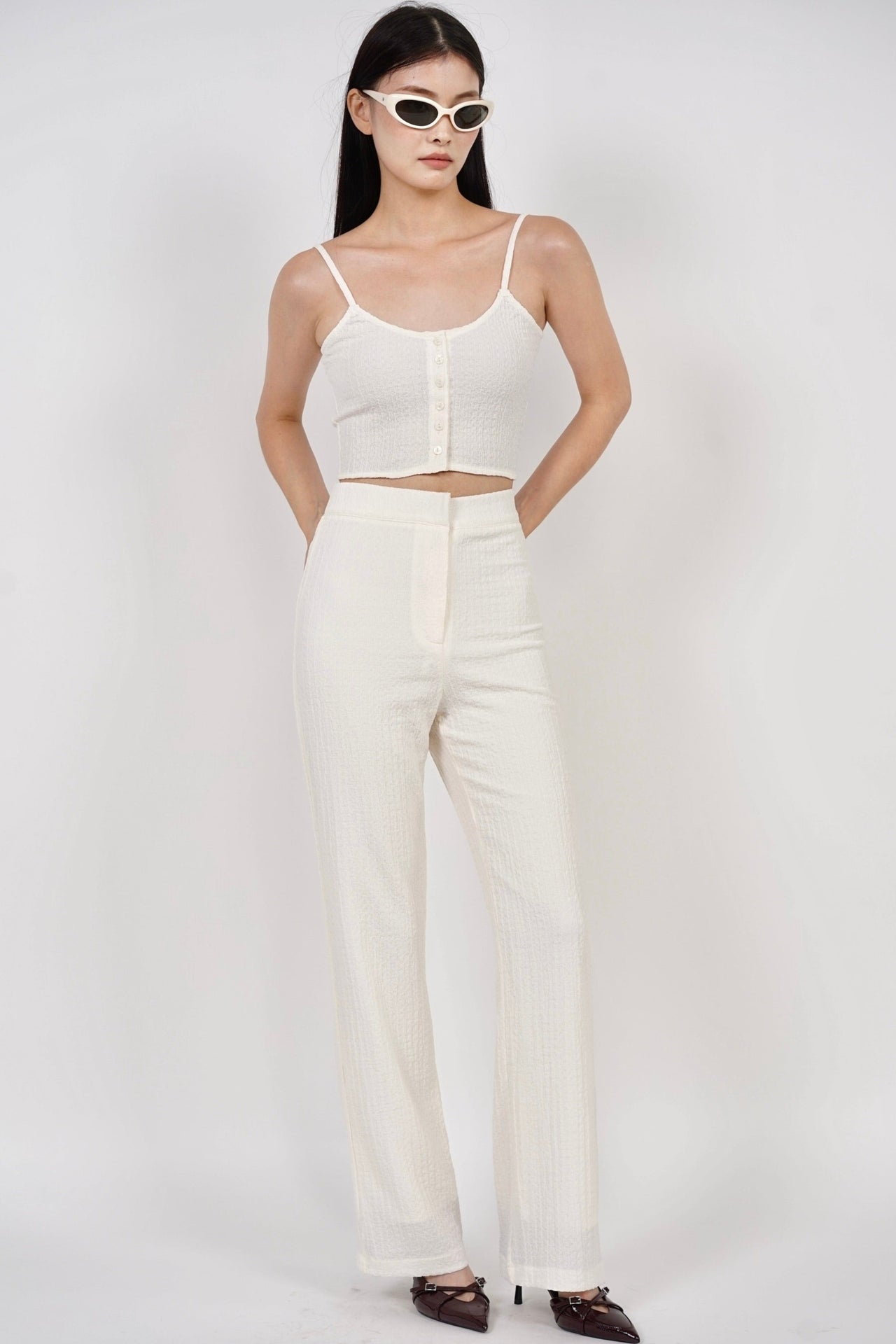 Textured Flared Hem Pants in Cream