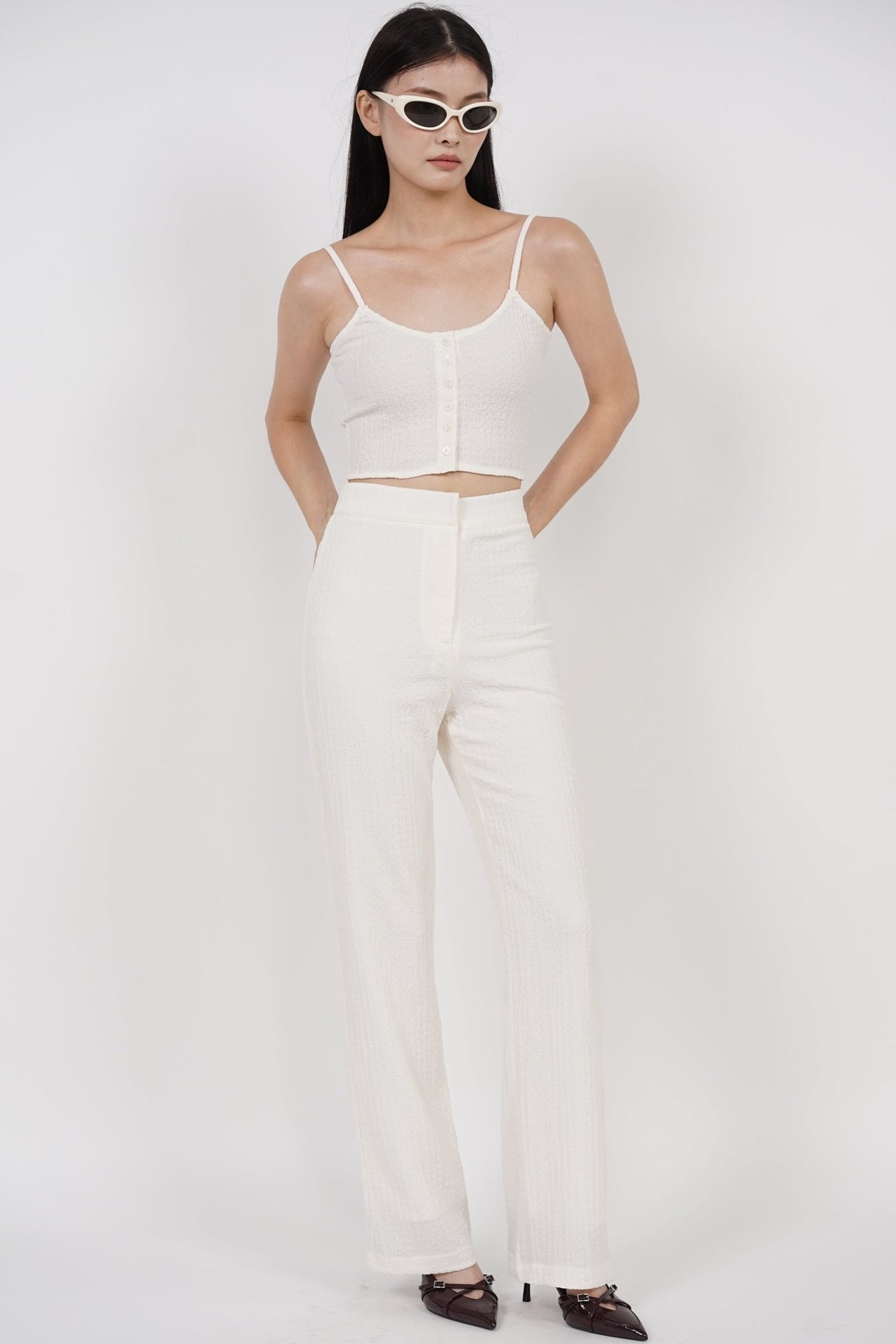 Textured Flared Hem Pants in Cream