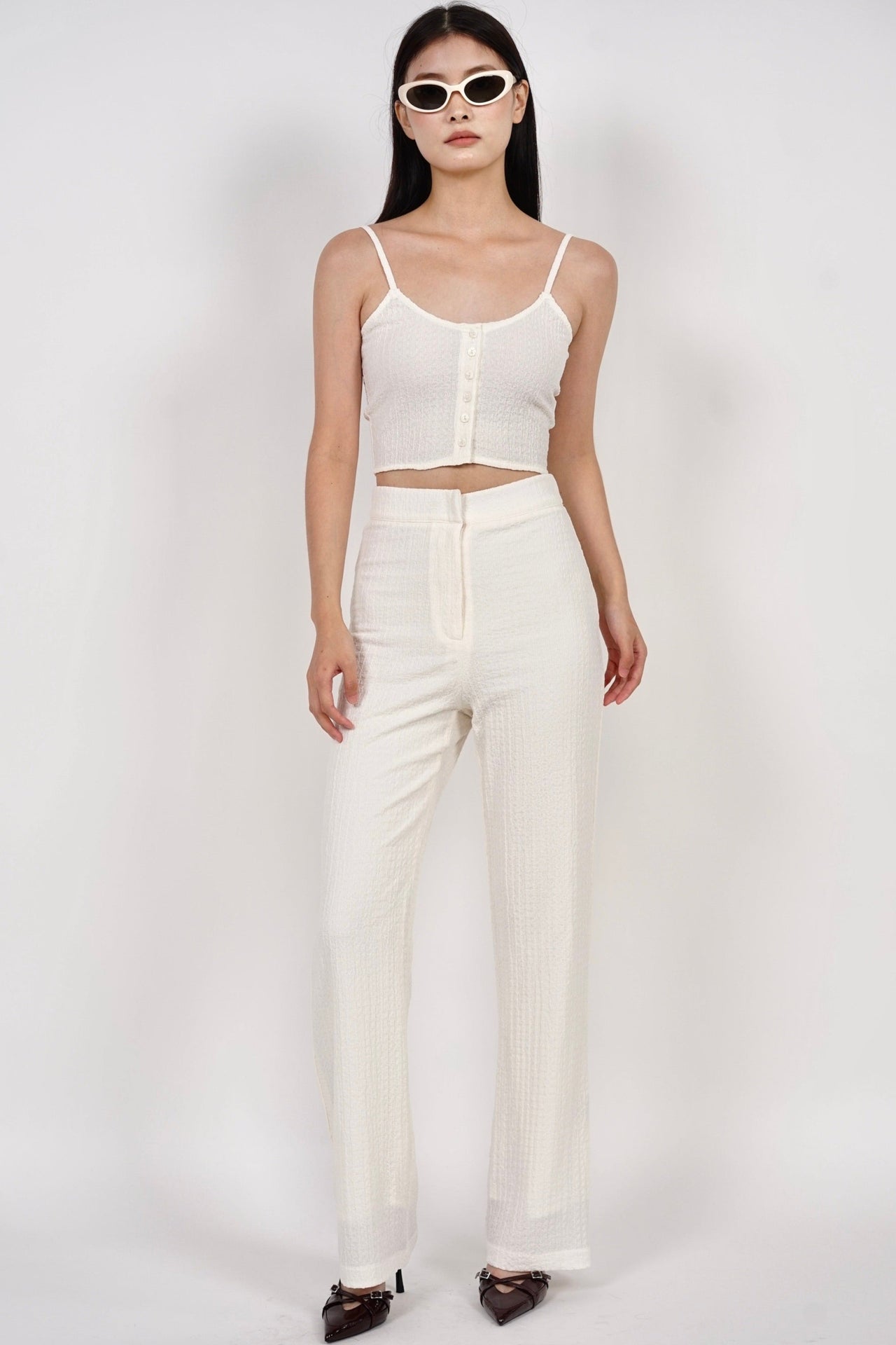 Textured Cami Button Crop Top in Cream