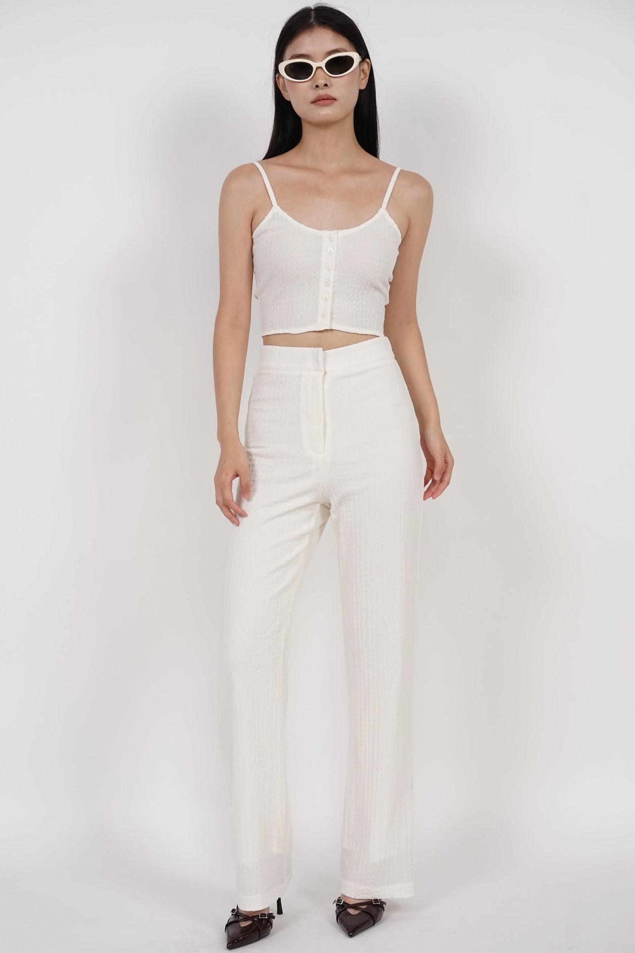 Textured Cami Button Crop Top in Cream