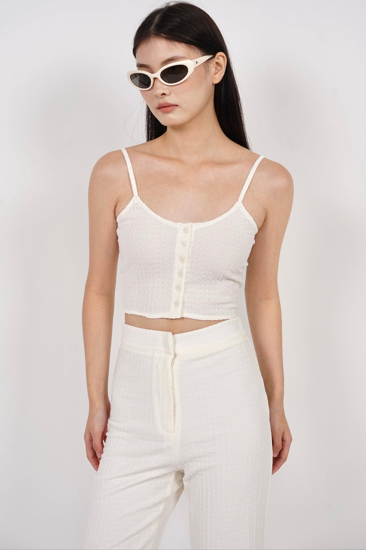 Textured Cami Button Crop Top in Cream