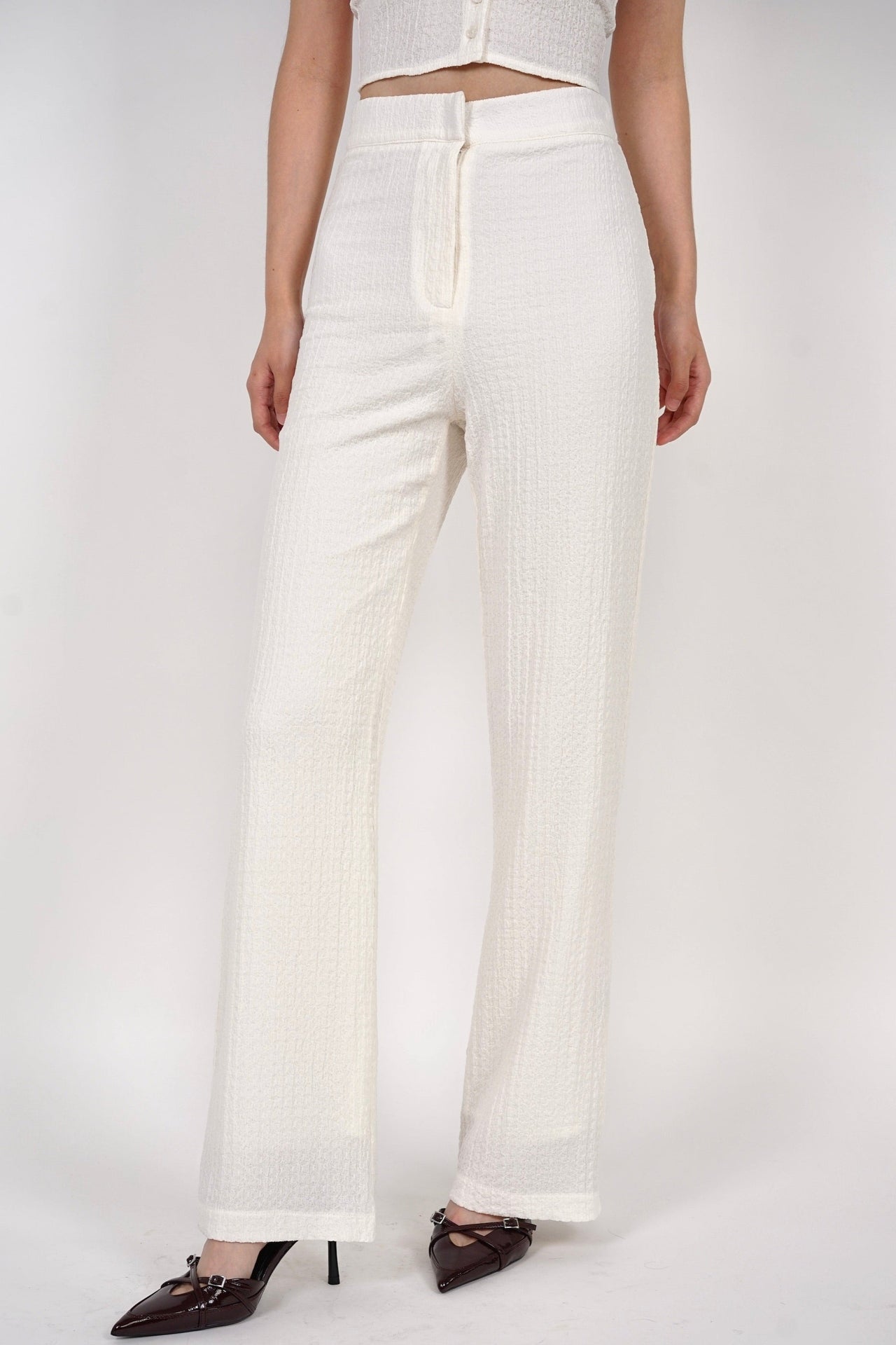 Textured Flared Hem Pants in Cream