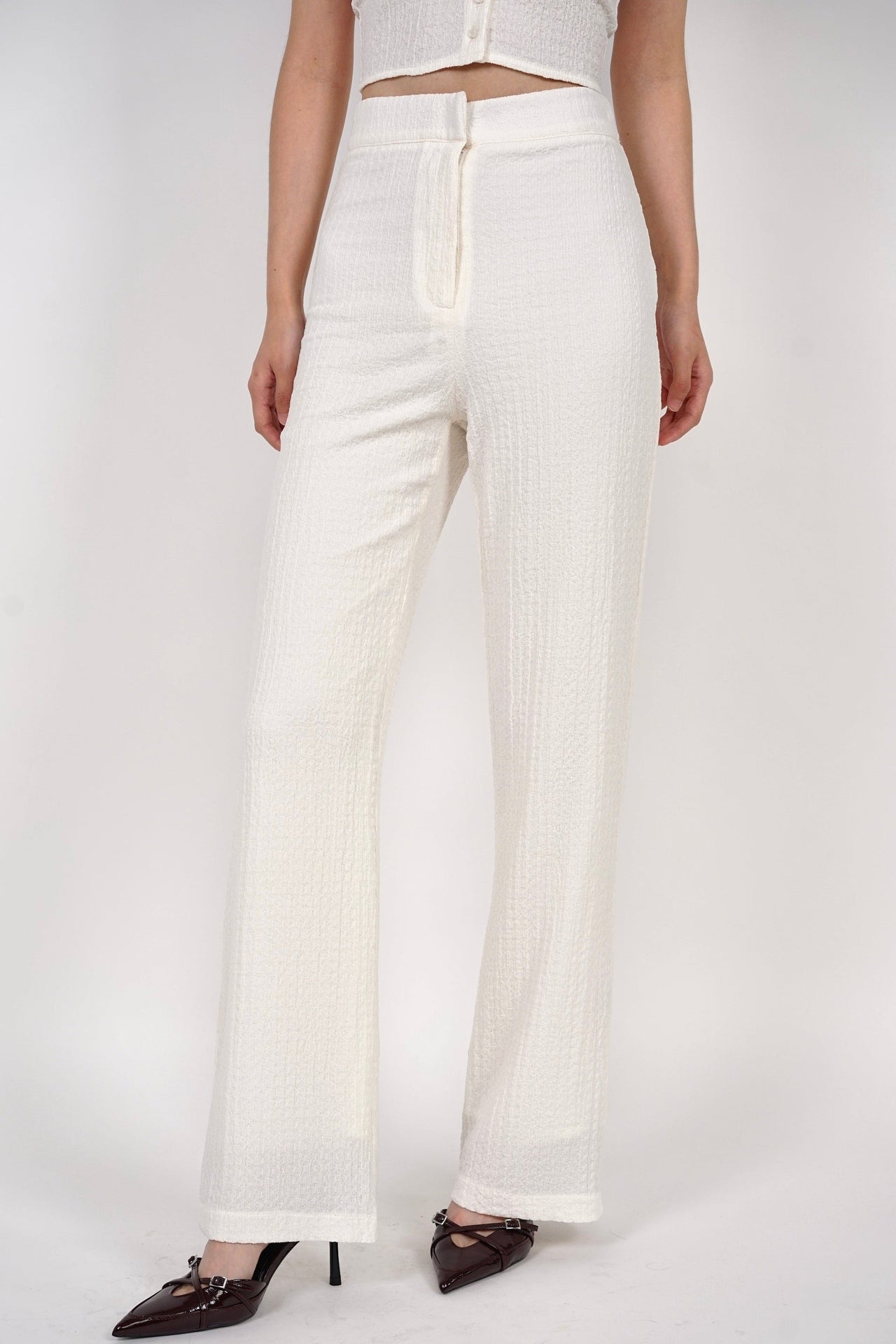 Textured Flared Hem Pants in Cream