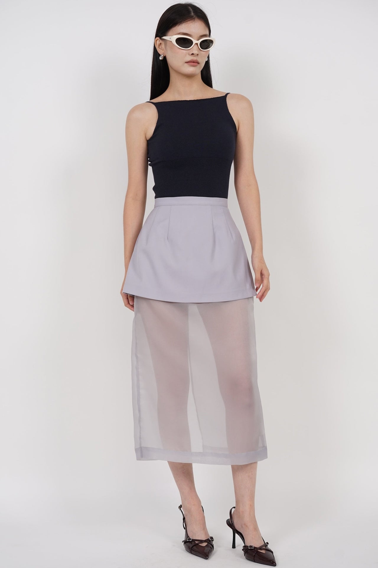 Sheer Panel Skirt in Dusty Blue