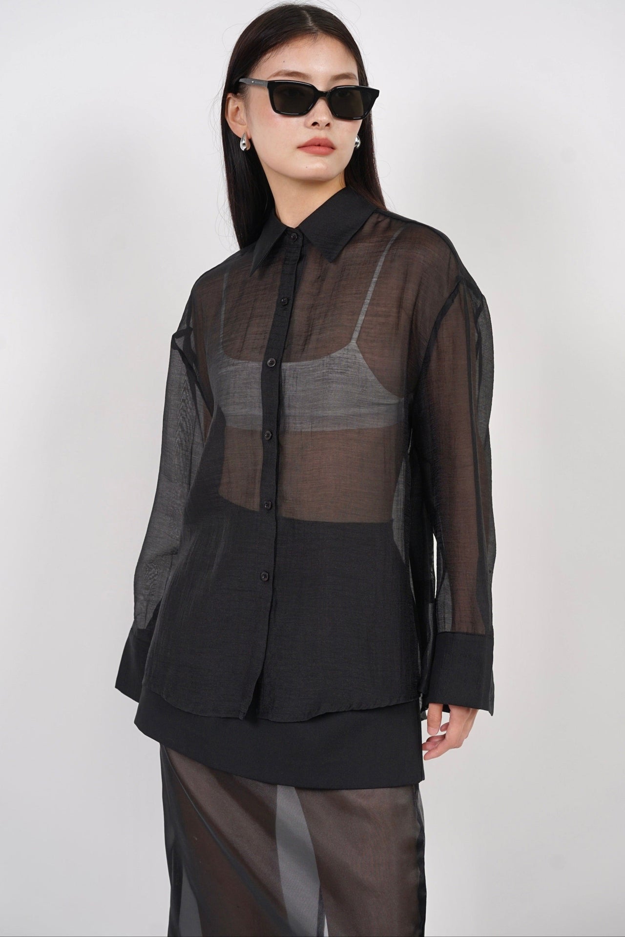 Sheer Long Sleeve Shirt Blouse in Black