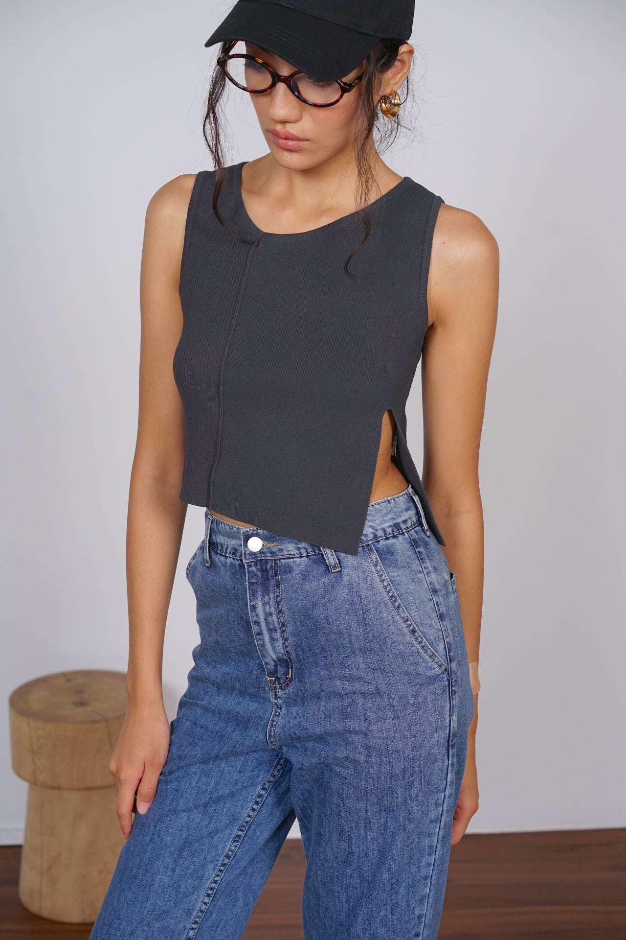 Side Slit Knit Top in Charcoal Grey