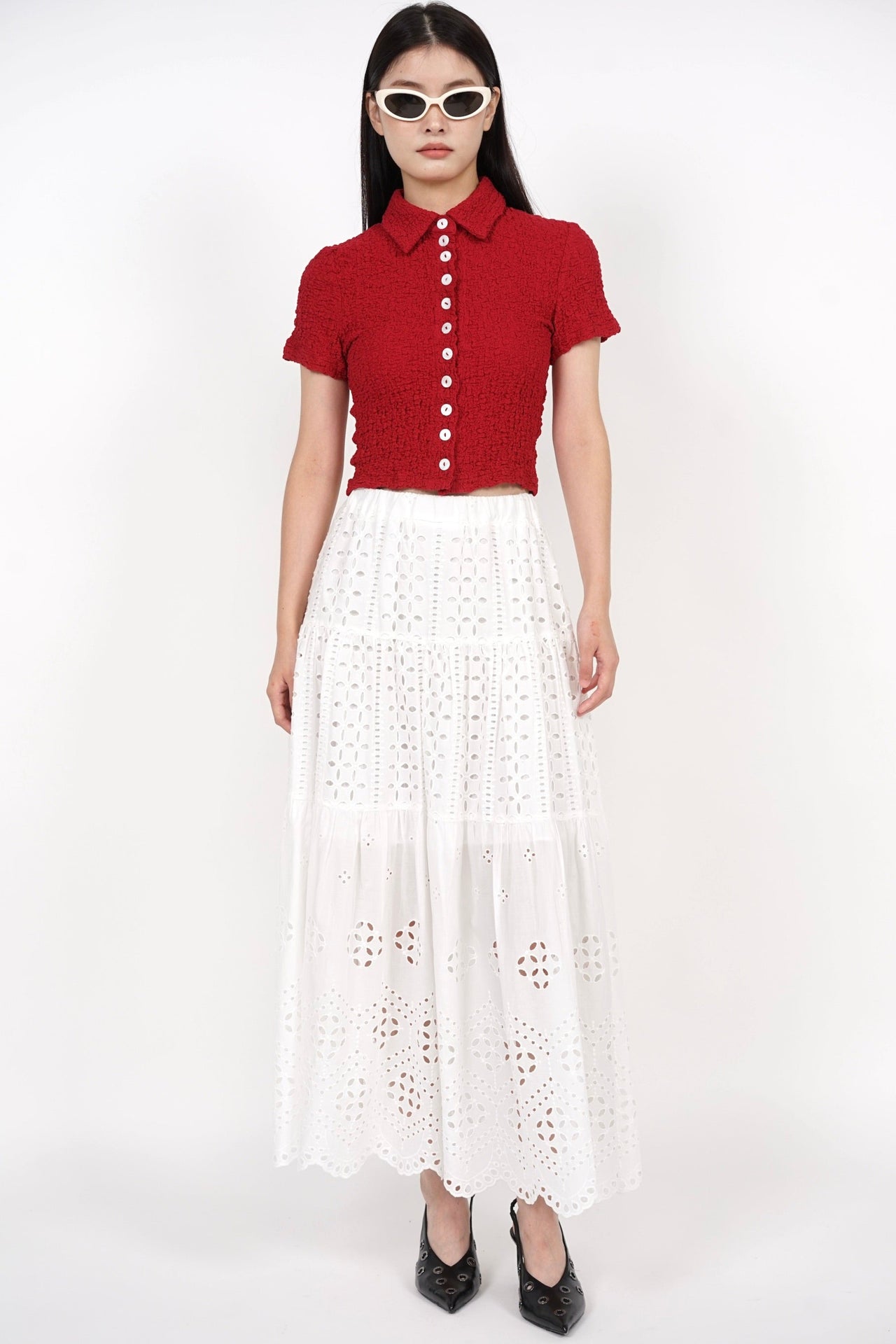 Eyelet Tiered Skirt in White