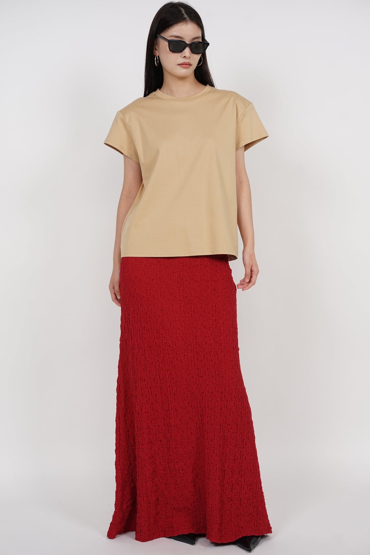 Textured Long Flute Skirt in Red