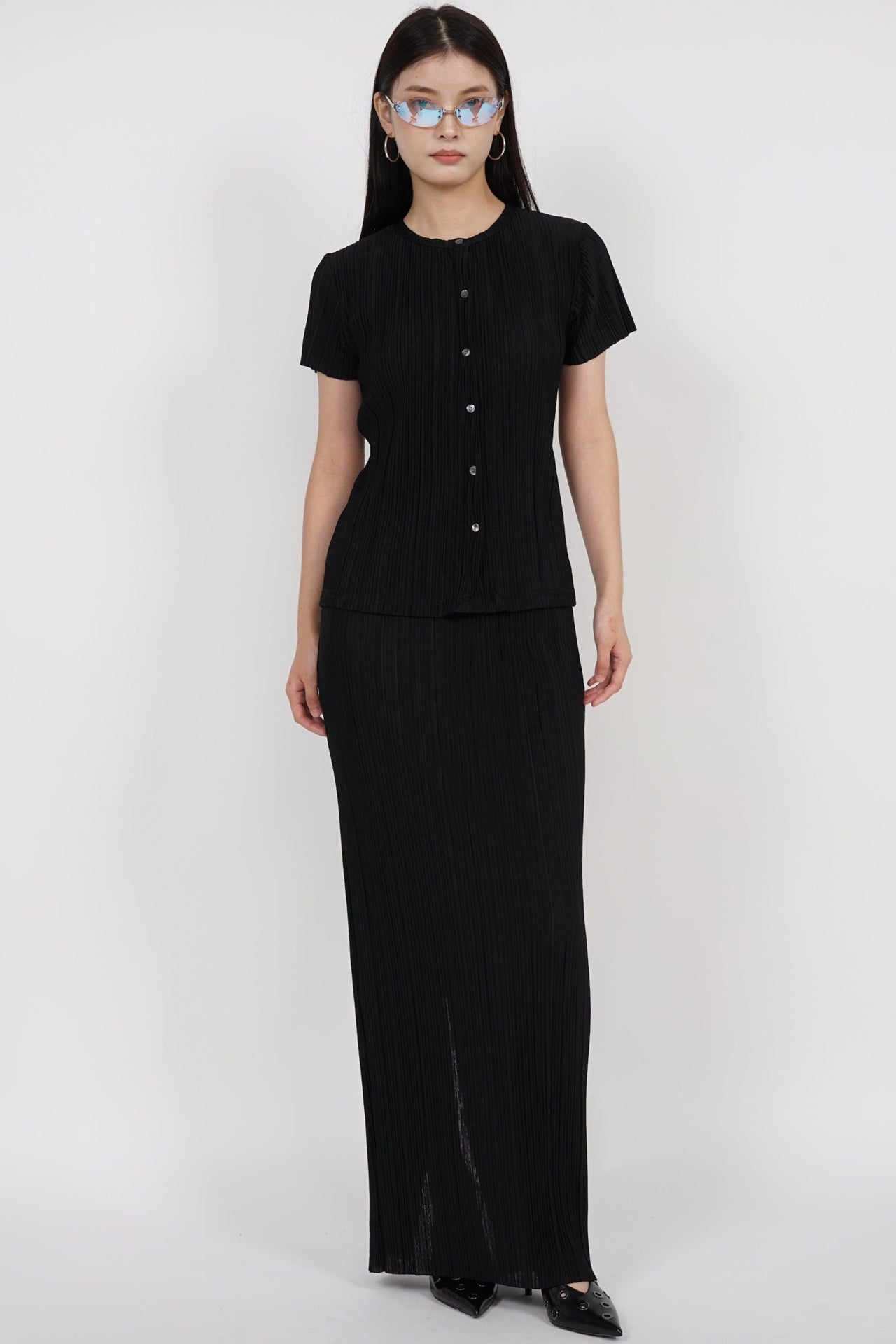 Plisse Button Pleated Top in Black