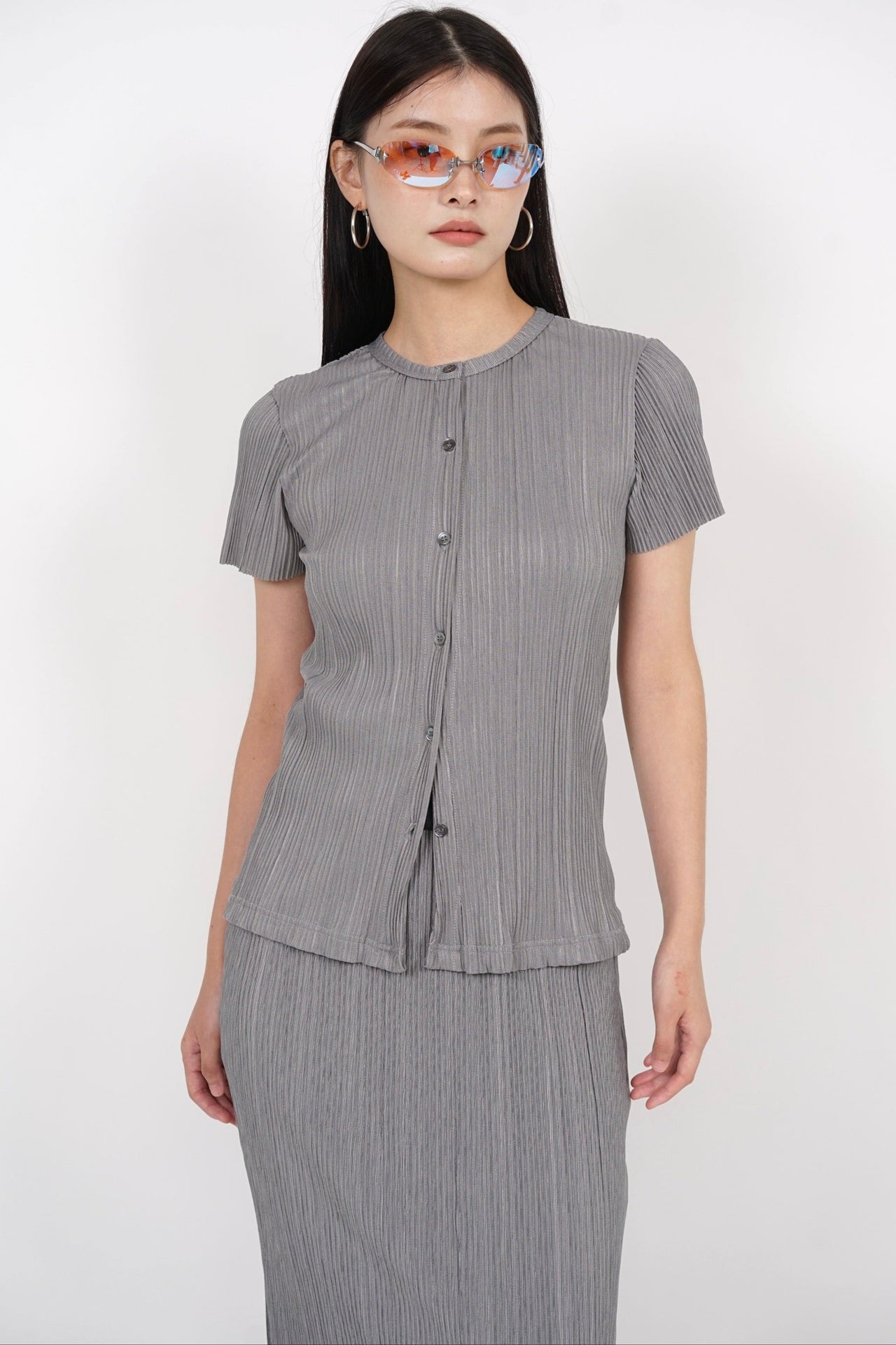 Plisse Button Pleated Top in Grey