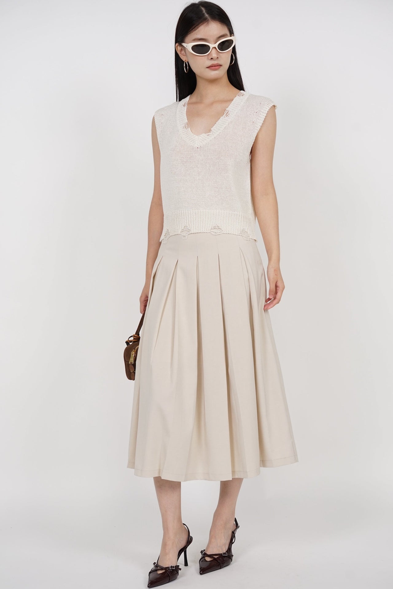 Box Pleated Skirt in Beige