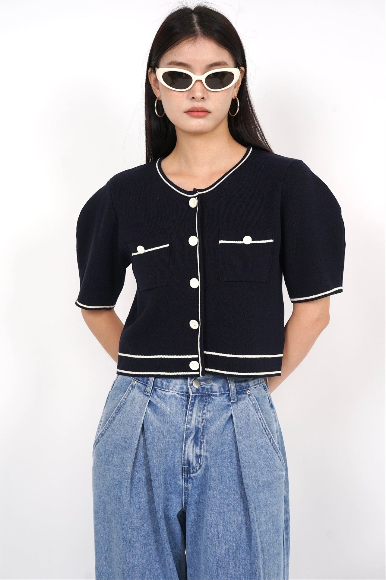 Button Contrast Knit Top in Midnight