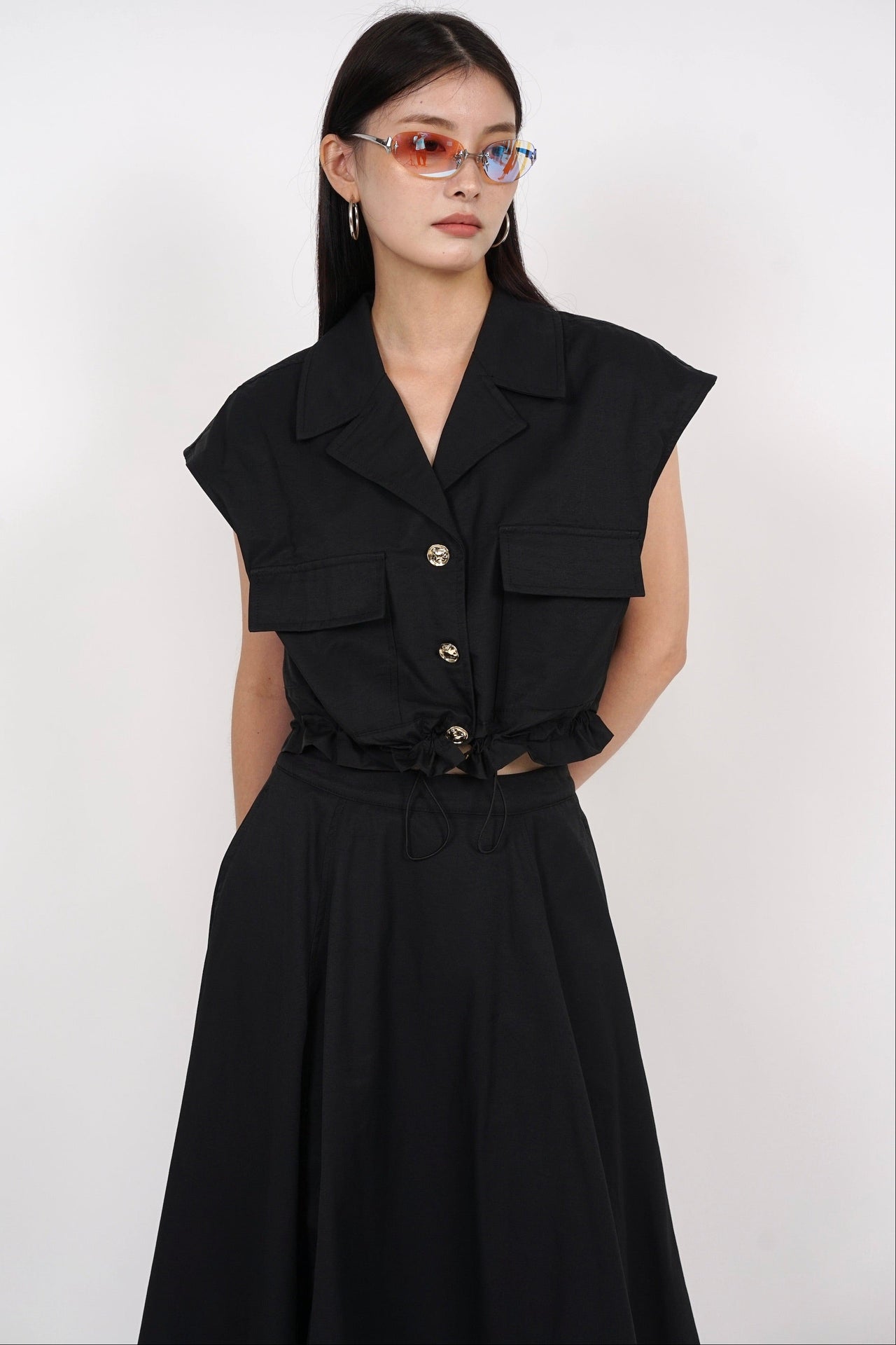 Cap Sleeve Cargo Top in Black