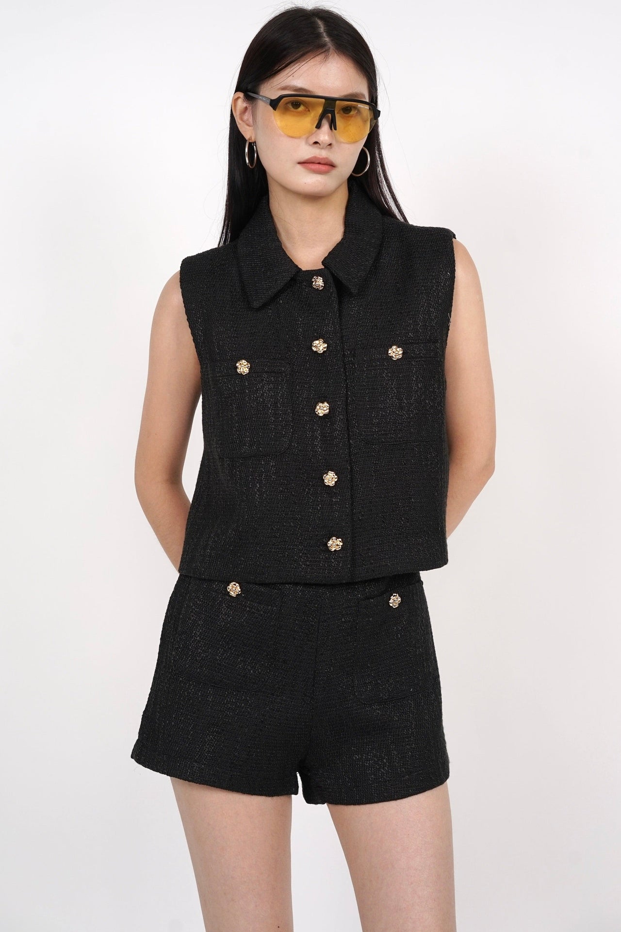 Buttoned Tweed Vest in Black