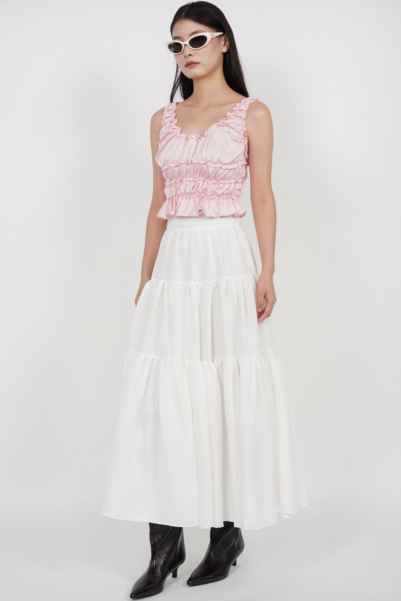 Gathered Ribbon Ruffle Top in Pale Rose