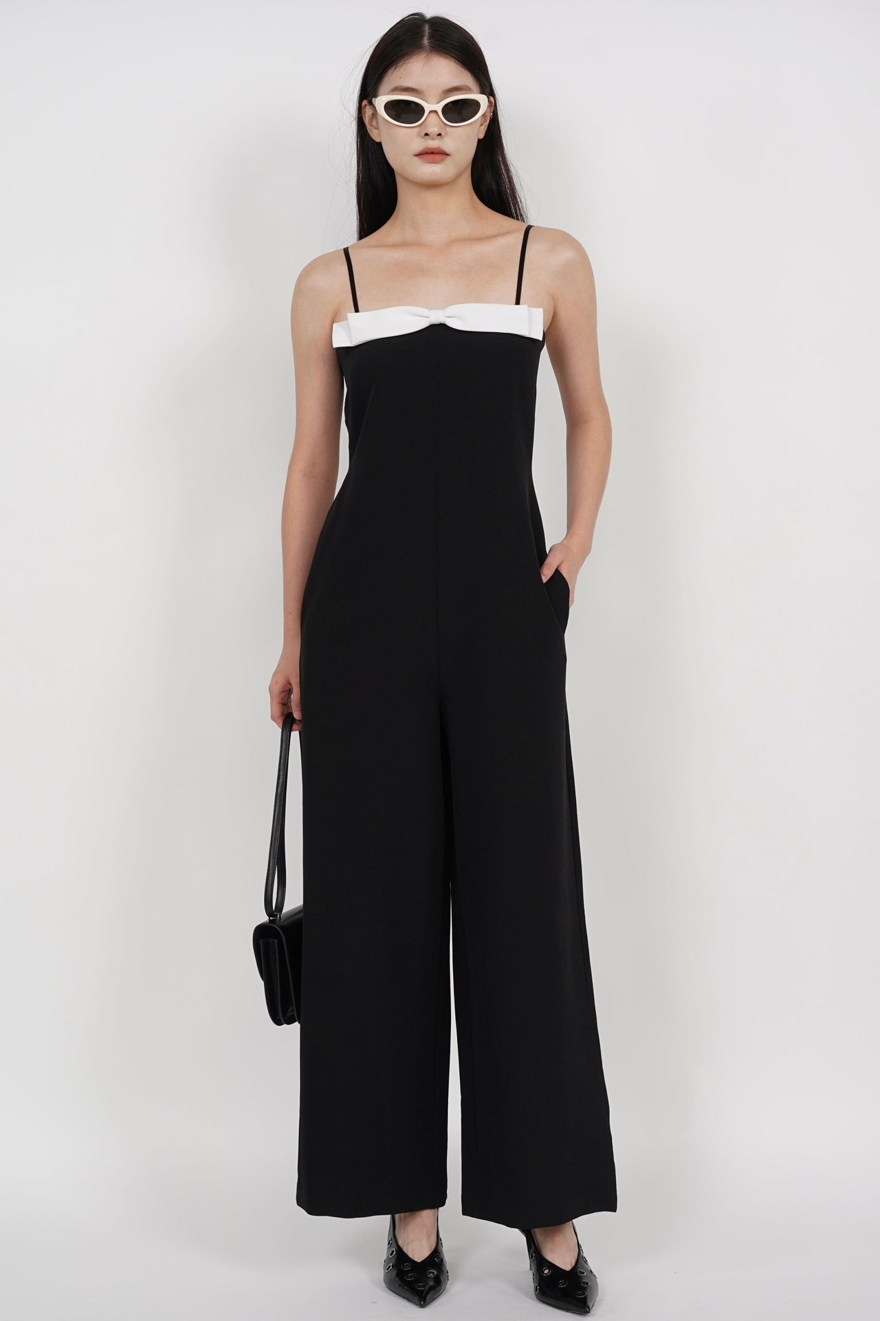 Contrast Bow Wide Leg Jumpsuit in Black