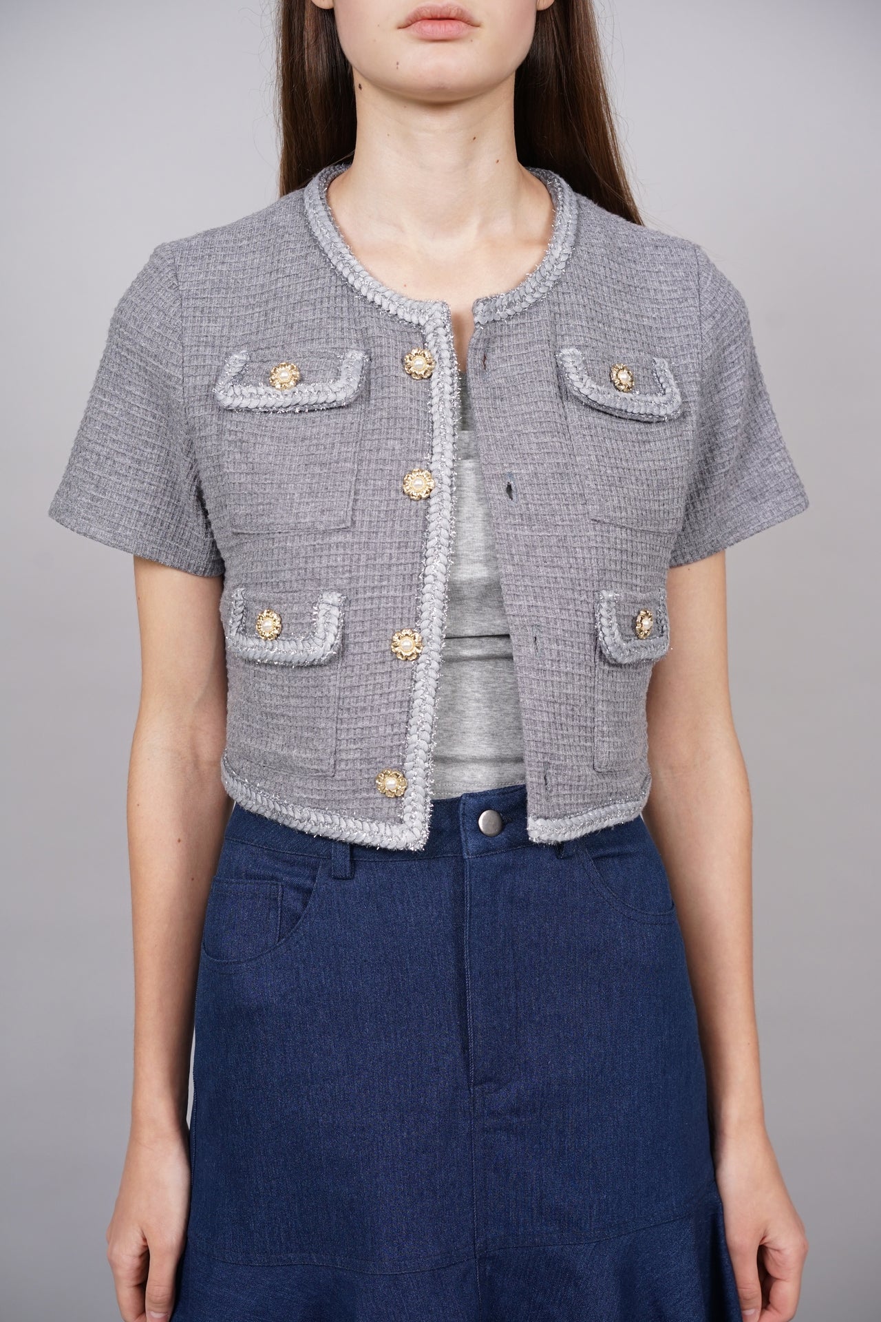 Braid Trim Buttoned Top in Grey - Arriving Soon