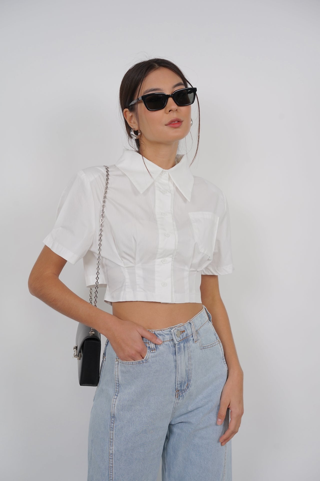 Pleated Button Top in White