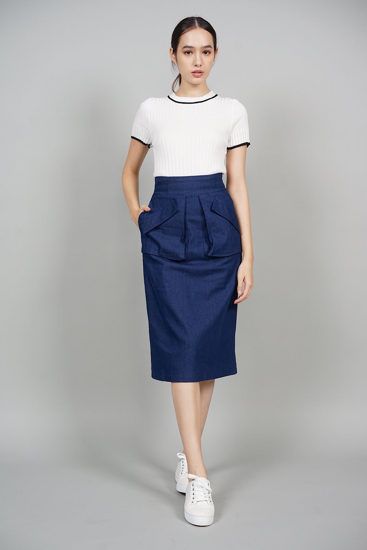 Kali Origami Cargo Midi Skirt in Denim Blue