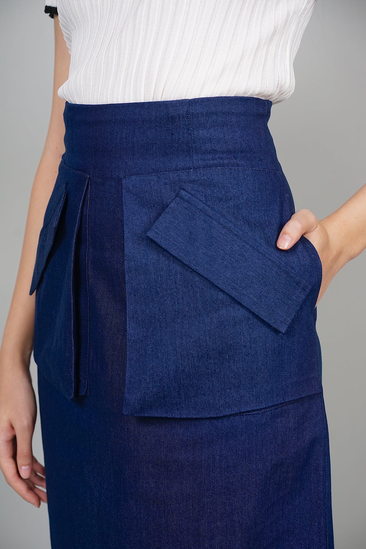 Kali Origami Cargo Midi Skirt in Denim Blue