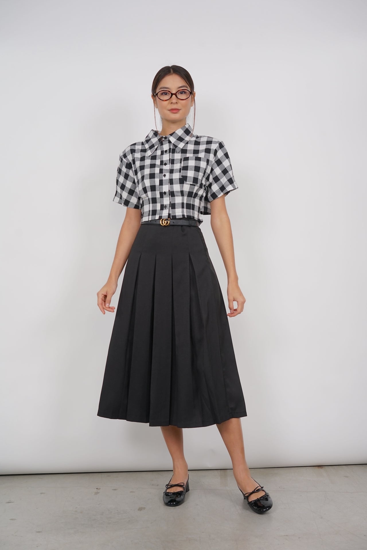 Pleated Button Top in Gingham