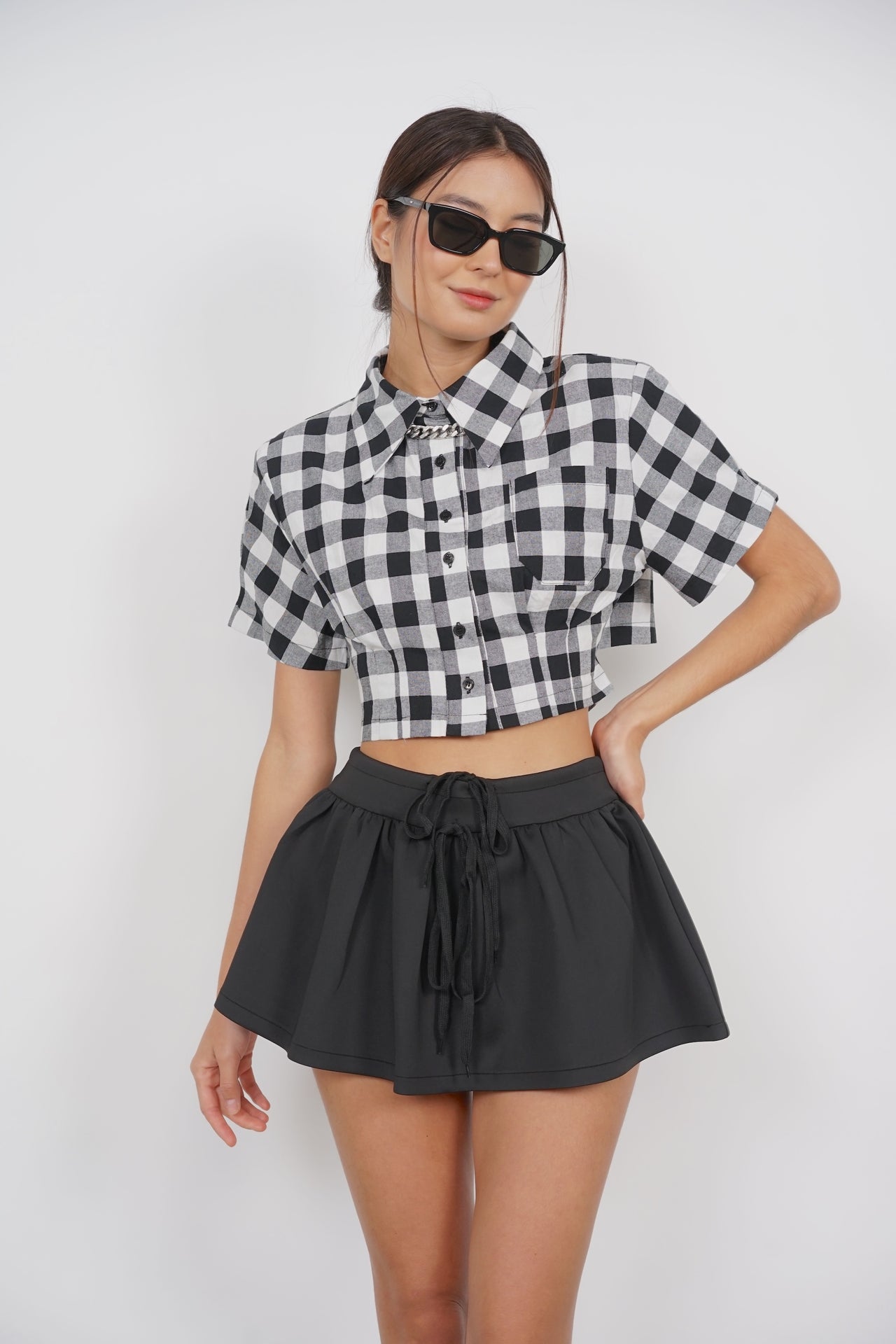 Pleated Button Top in Gingham