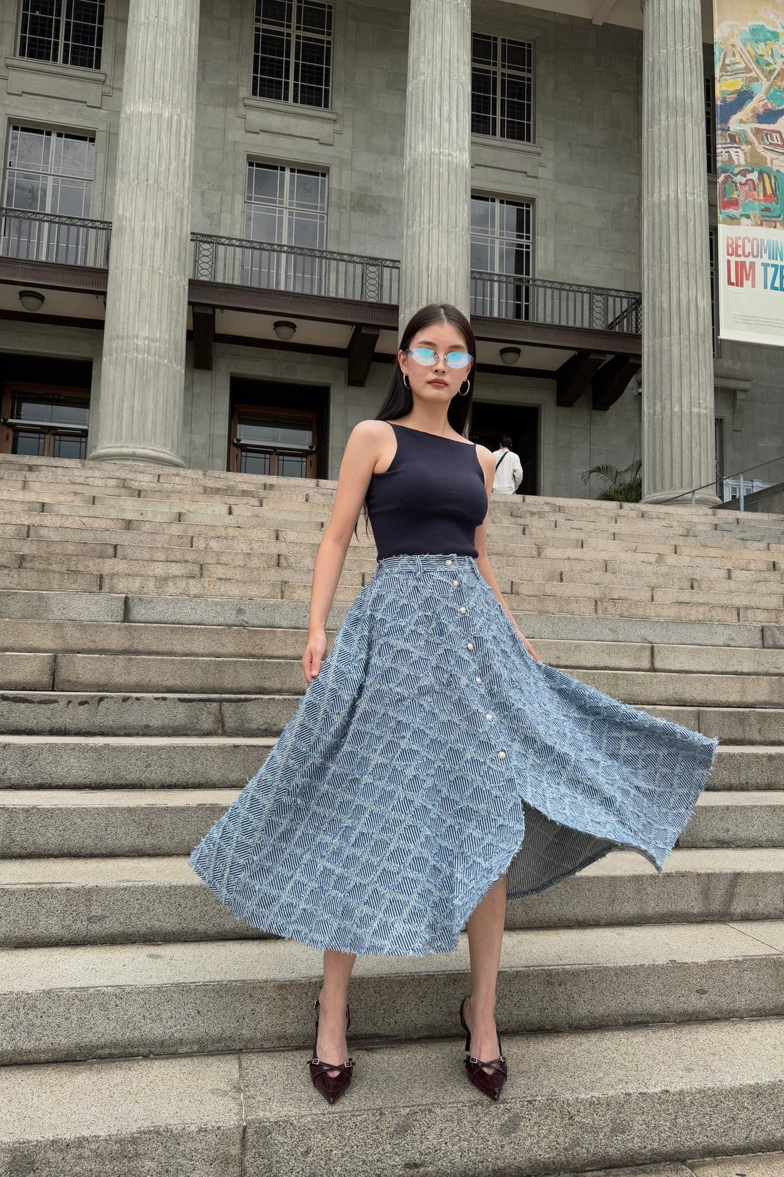 Diamond Textured Flare Skirt in Blue